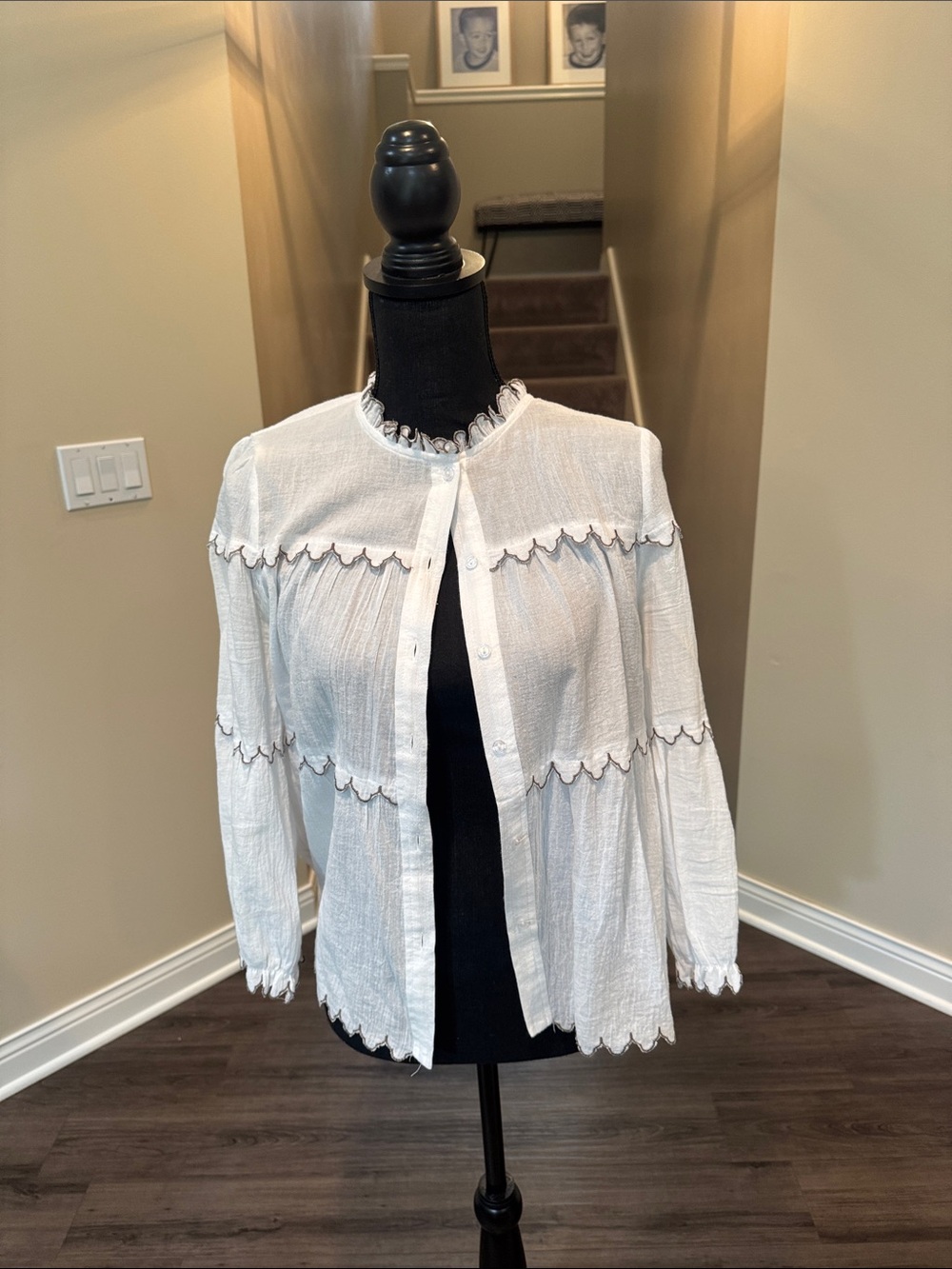 Anthropologie White Scalloped Trim Button-Down Blouse